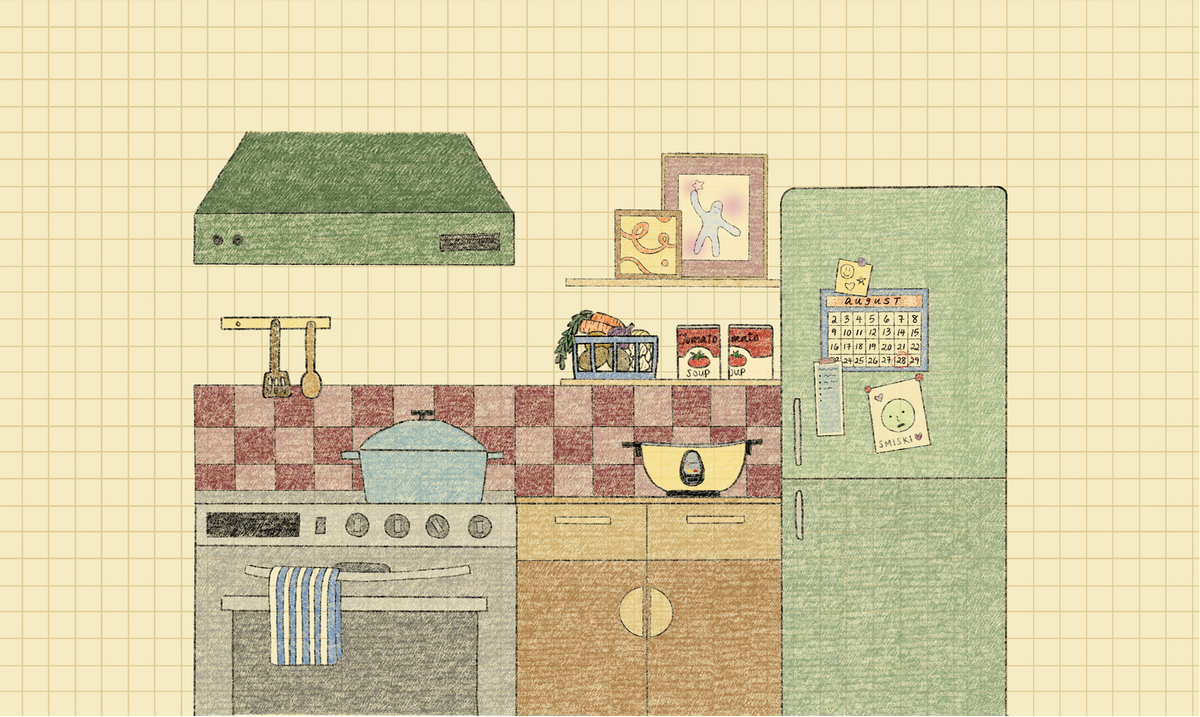 A whimsical, hand-drawn style illustration of a kitchen scene on a beige grid background. The scene includes a green range hood, a gray stove with a blue pot, a red-and-white checkered backsplash, shelves with framed art and jars, and a light green refrigerator with magnets and a calendar.